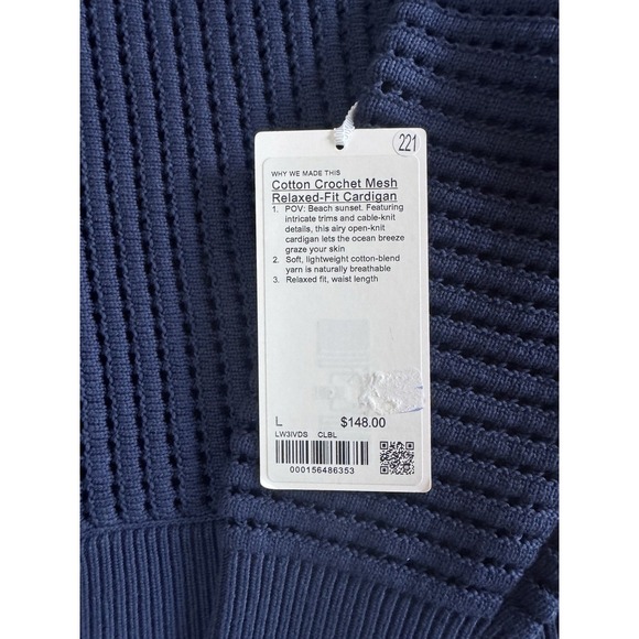 New Lululemon Size Large Cotton Crochet Mesh Relaxed-Fit Cardigan Club Blue NWT - Picture 3 of 10